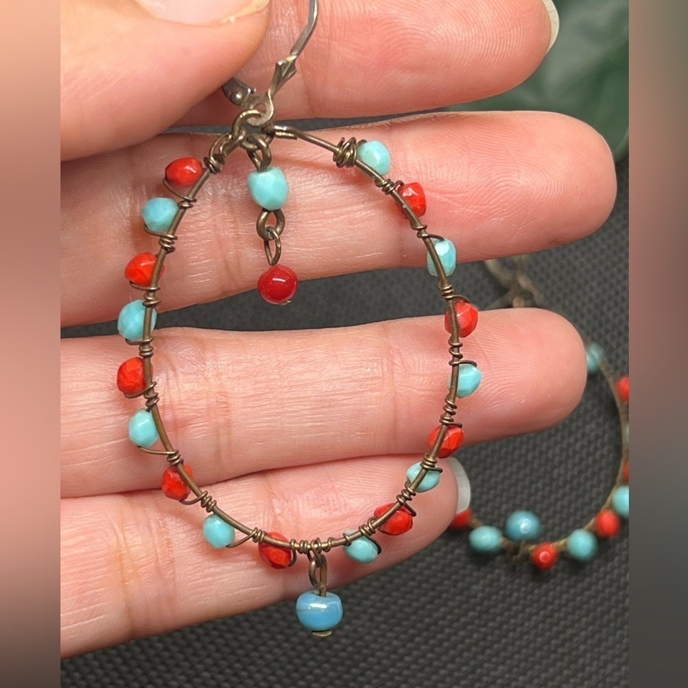 Turquoise and coral bohemian hoop drop earrings lightweight